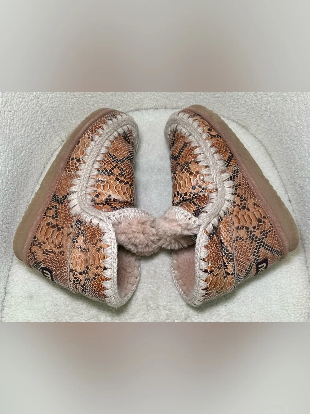 MOU Eskimo 18 Snake Python Print Shearling Ankle Boots Tan Cream Brown Winter 9